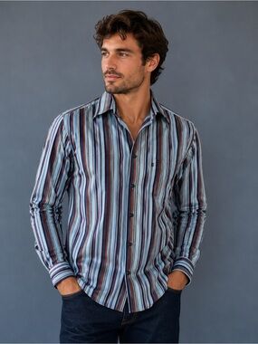 Hugo Boss Men’s Striped Dress Shirt Medium Blue Orange Cotton